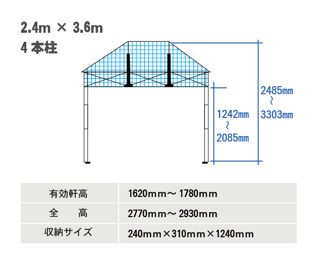 かんたんてんと3 スチール&アルミ複合フレーム(メッシュタイプ) 2.4m×3.6m