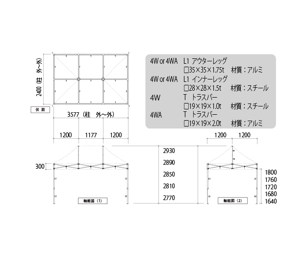 かんたんてんと3 スチール&アルミ複合フレーム(2.4m×3.6m)