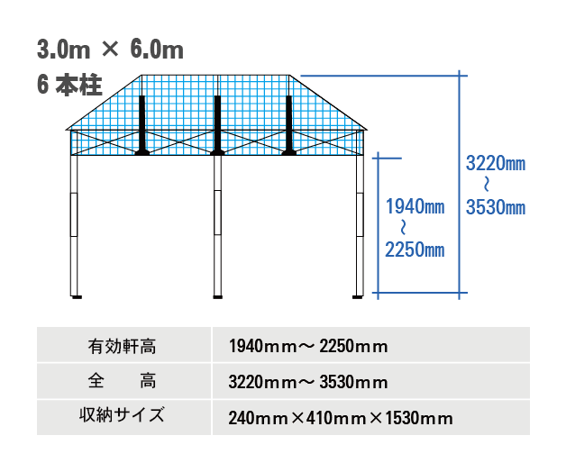 かんたんてんと3 スチール&アルミ複合フレーム(メッシュタイプ) 3.0m×6.0m